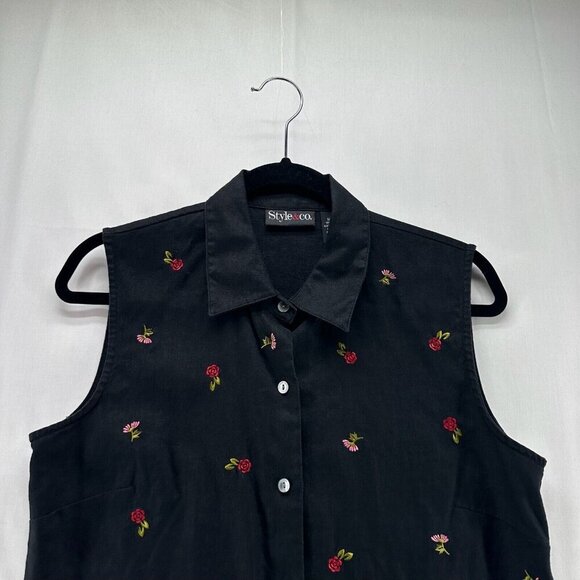 Style & Co Linen Blouse Womens 10 Button Up Sleeveless Embroidered Flowers Black - Picture 3 of 10